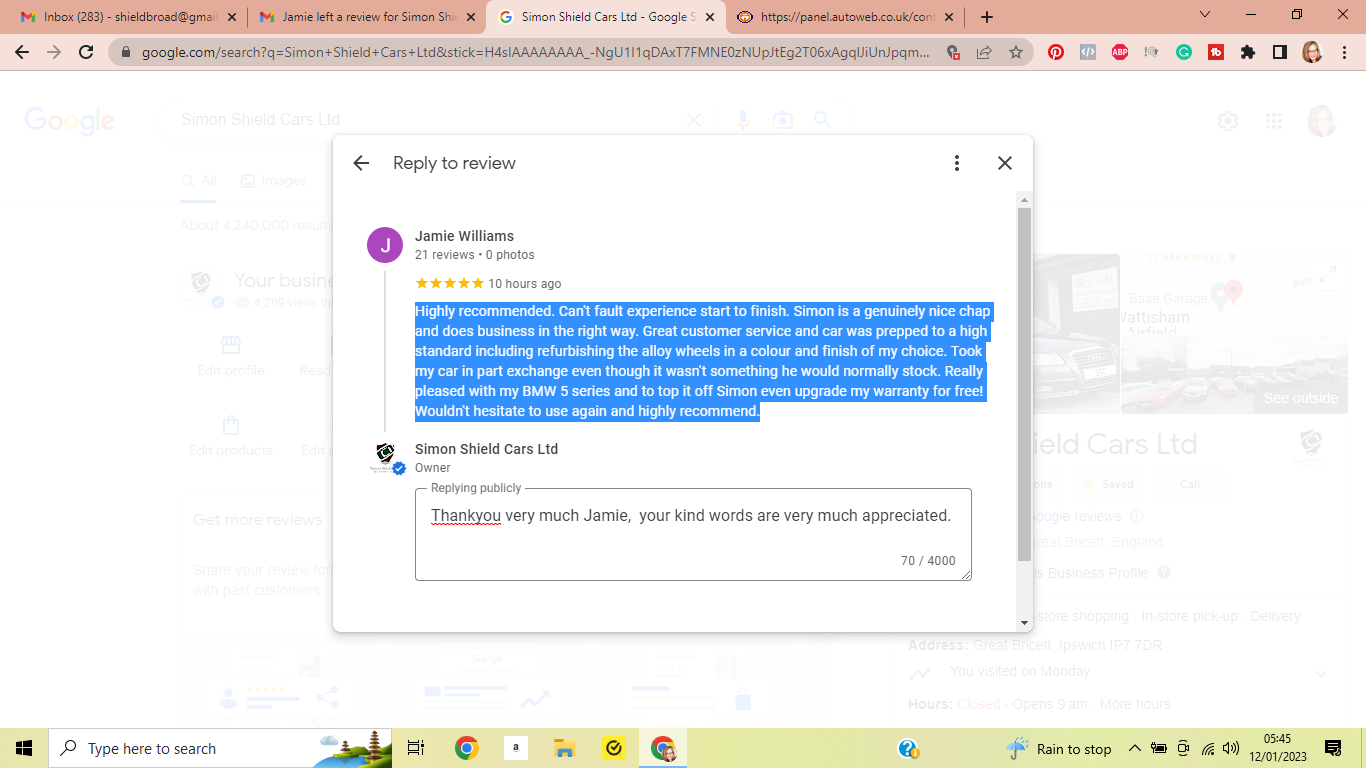 5 star review on google